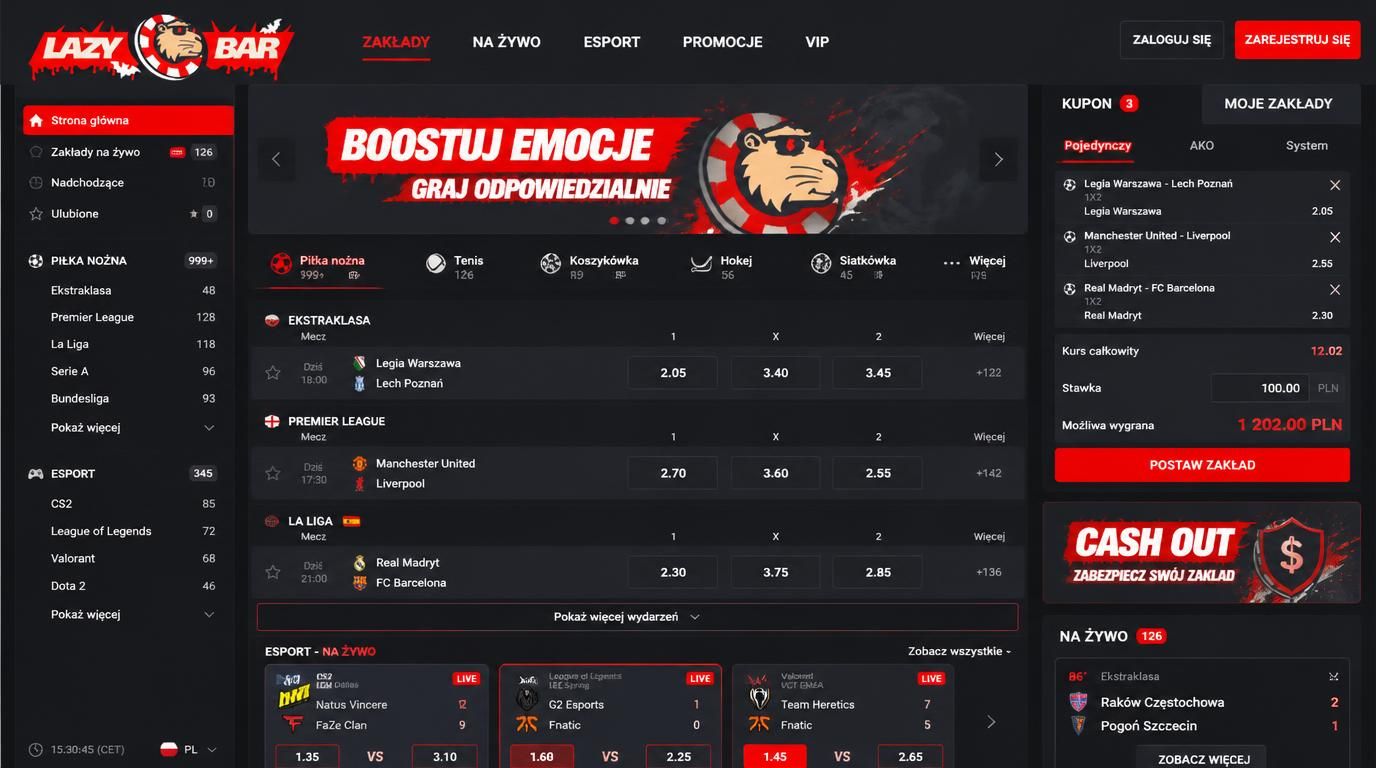 Interfejs zakładów sportowych Lazybar z ligami i esportem