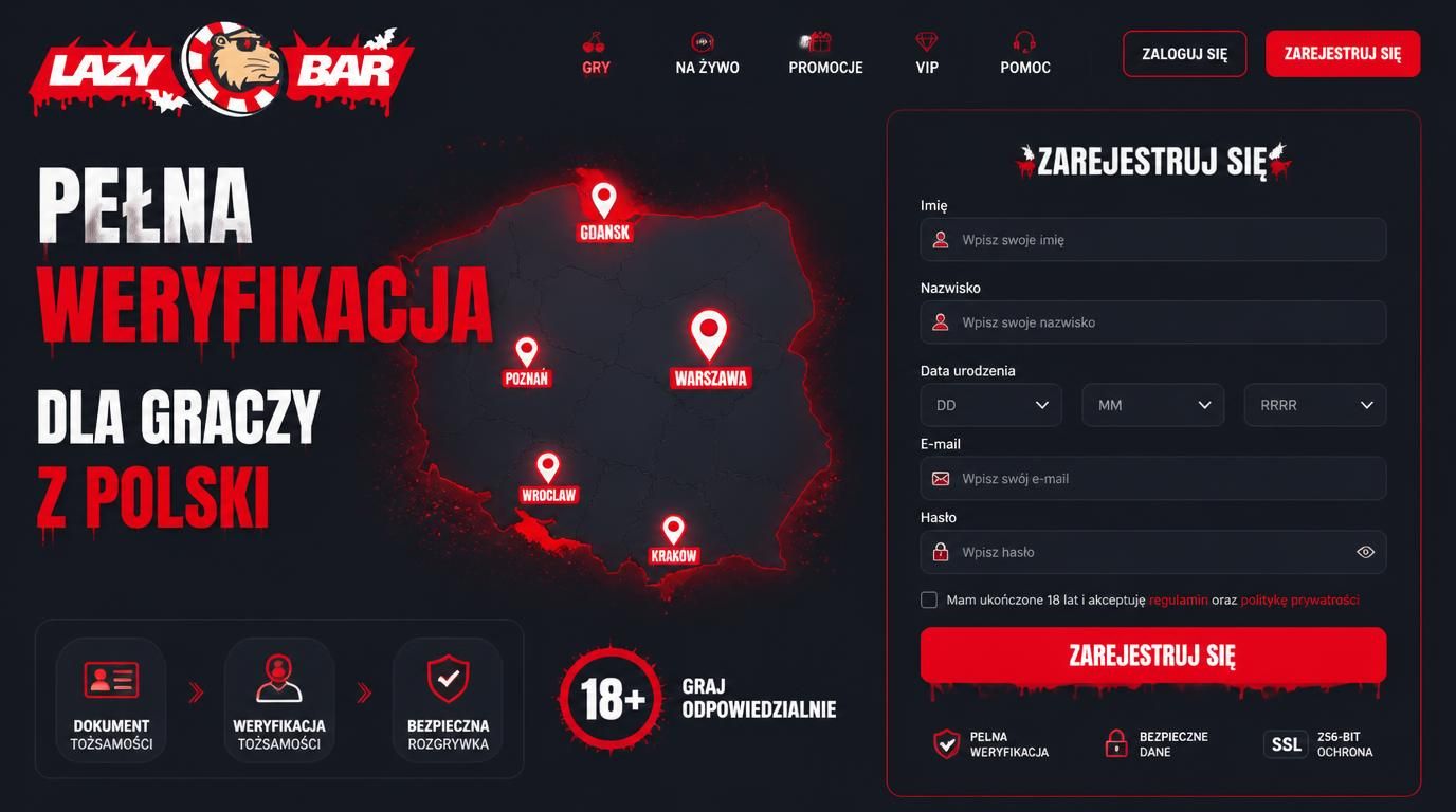 Interfejs rejestracji dla polskiego gracza z formularzem i symbolem pełnoletności.