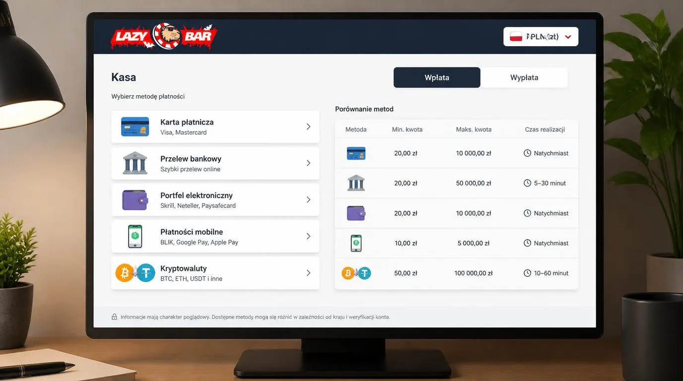Ekran kasy z wyborem karty, przelewu, portfela elektronicznego i kryptowalut oraz podglądem limitów