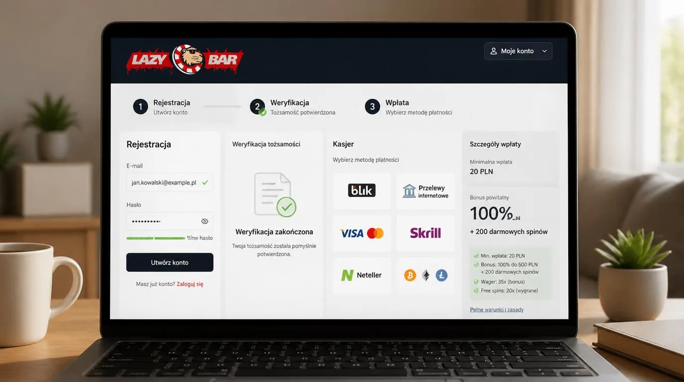 Ekran rejestracji i kasa kasyna z wyborem metody wpłaty oraz informacją o weryfikacji tożsamości