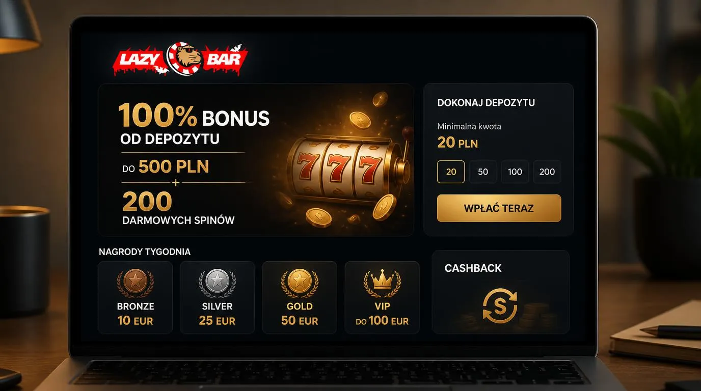 Ekran promocji kasyna z bonusem 100% do 500 PLN, 200 spinami i progiem wpłaty 20 PLN