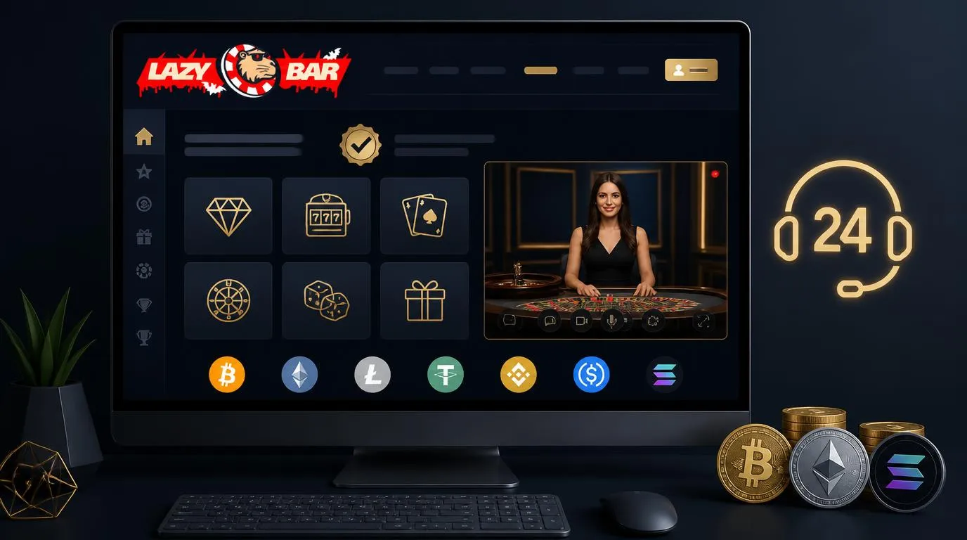 Ekran kasyna z grami na żywo, ikoną całodobowego wsparcia i opcjami kryptowalutowymi